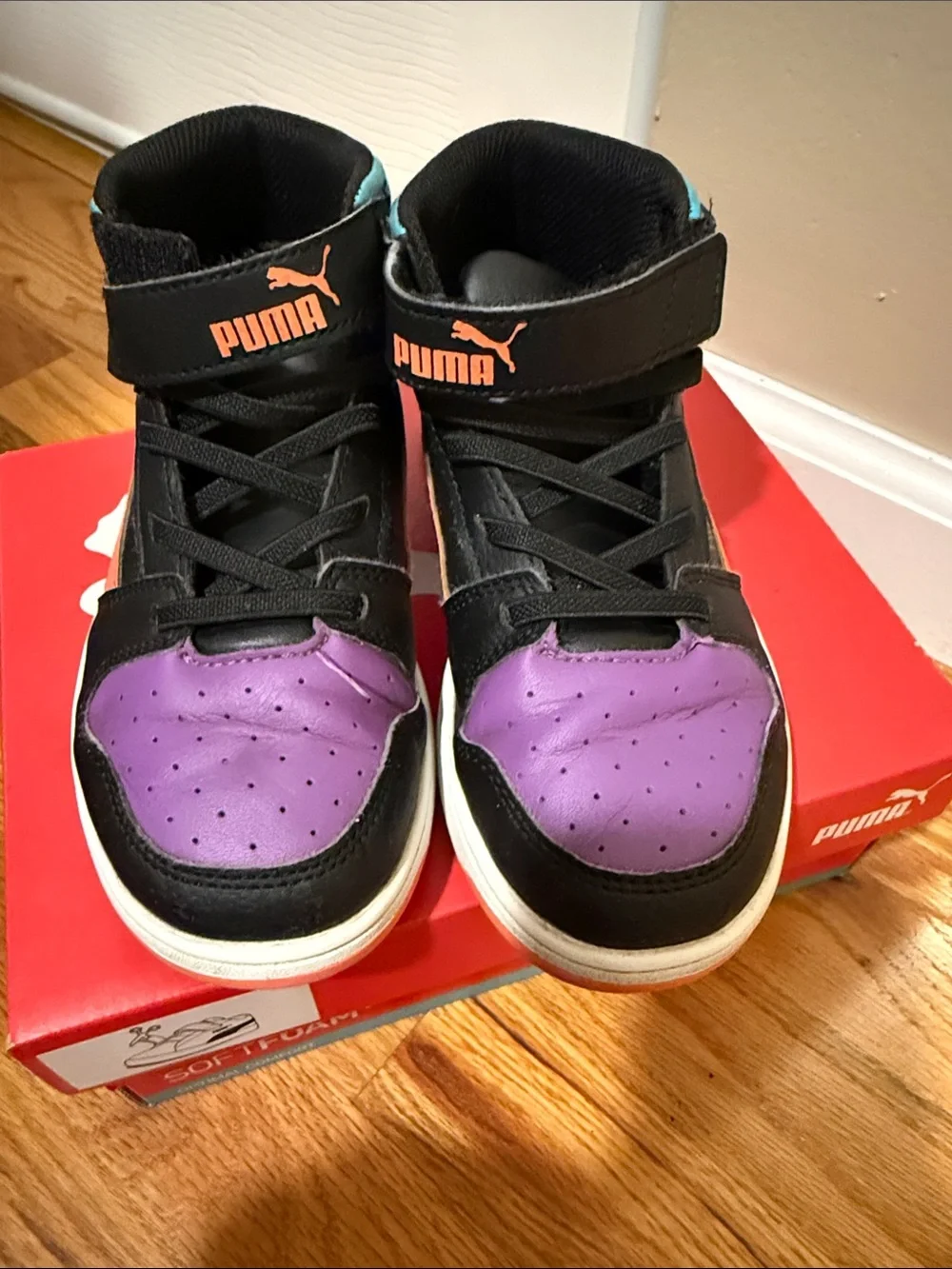 Puma Kids High-Top Sneakers in Black with Purple & Coral Accents